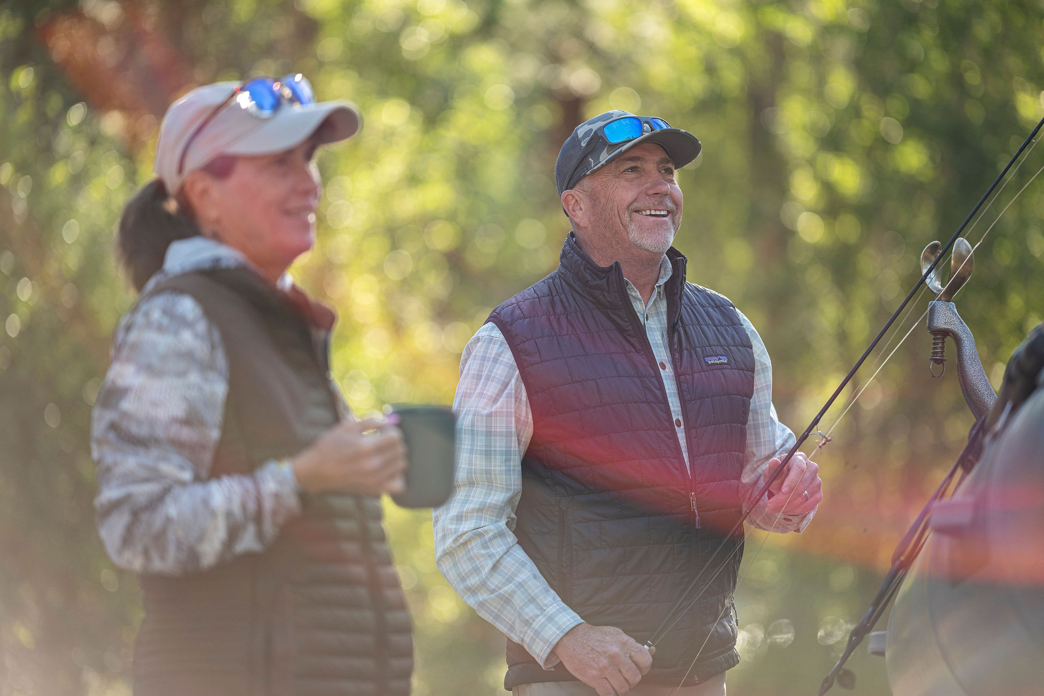 Guests enjoying morning coffee before a fishing trip